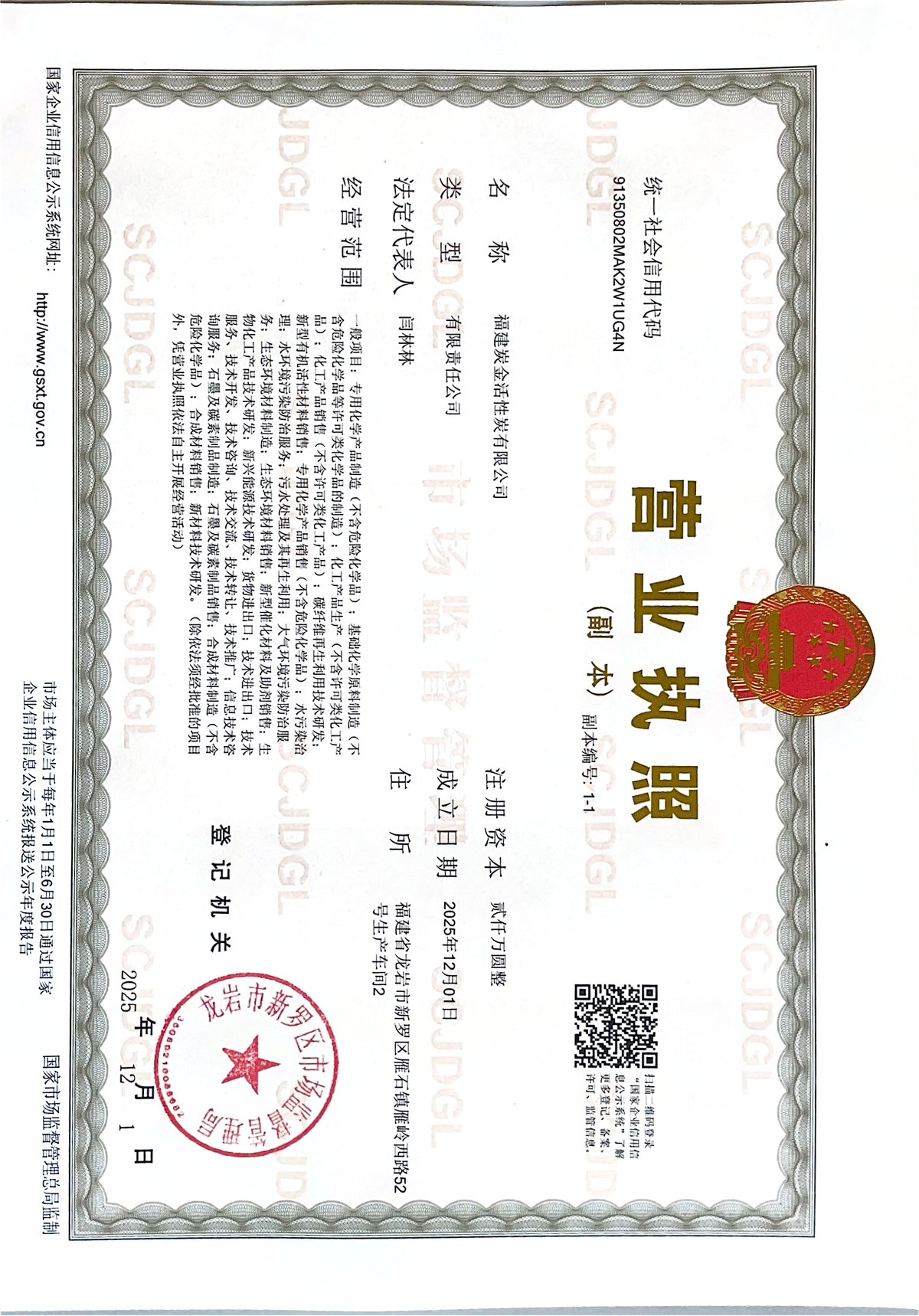 Fujian Tanjin Activated Carbon Co., Ltd business license